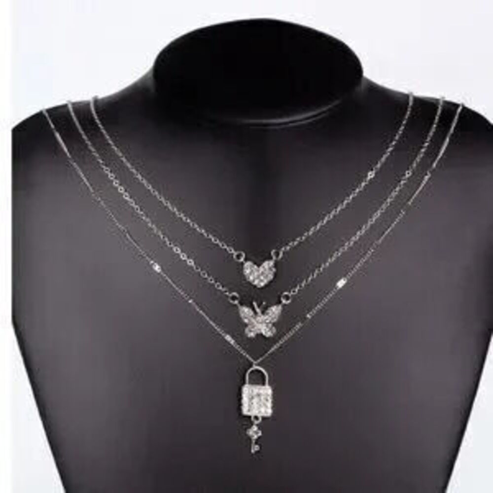 Luxe Rhinestone Lock Key Heart Multilayer Necklace - Picture 3 of 5
